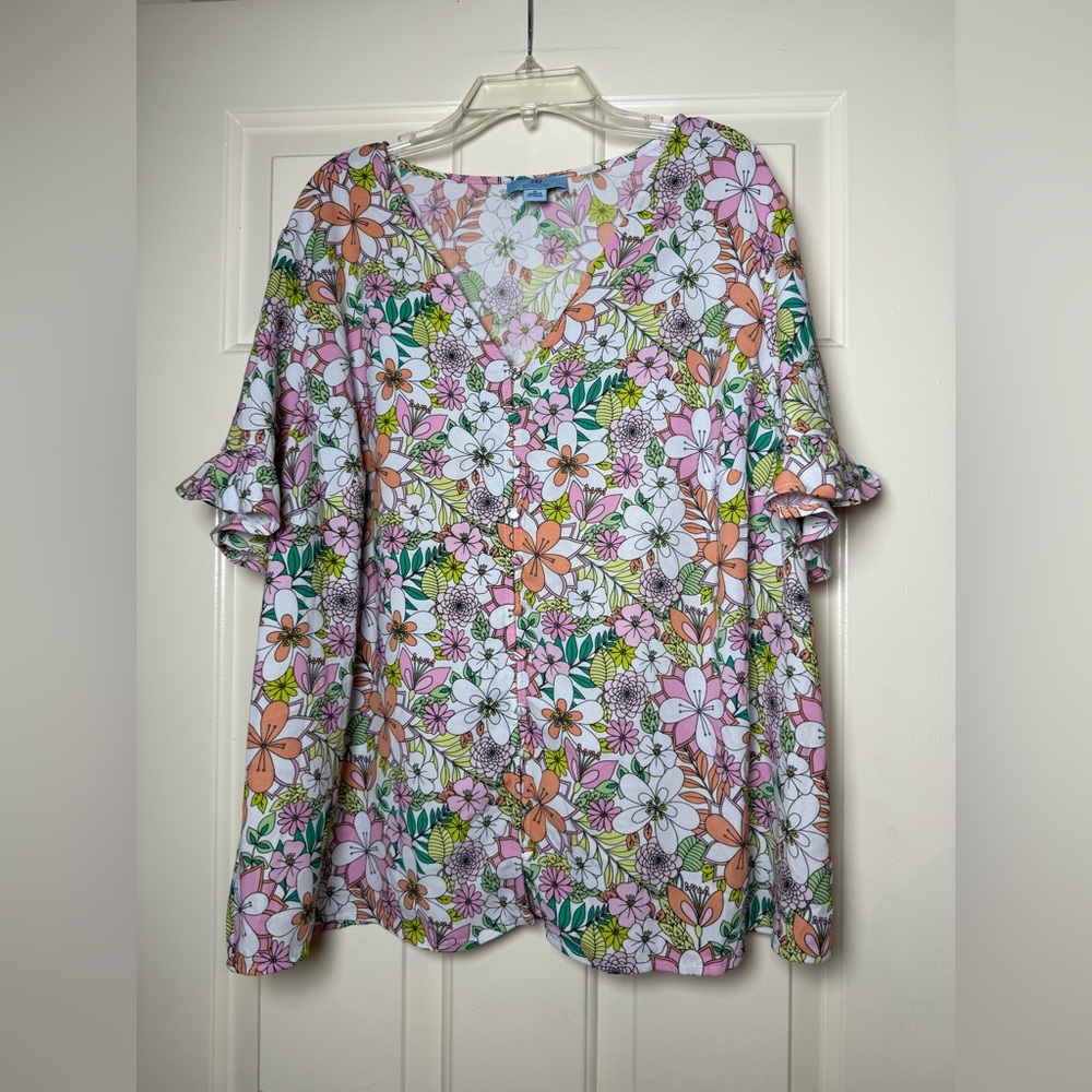 CeCe women's floral print ruffle sleeve button-up blouse